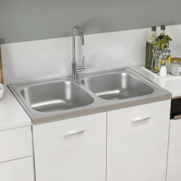 vidaXL Chiuvetă bucătărie cu 2 cuve, argintiu, 800x500x155 mm, oțel