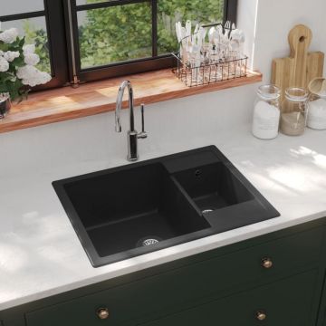 vidaXL Chiuvetă bucătărie dublă cu orificiu de preaplin, negru, granit