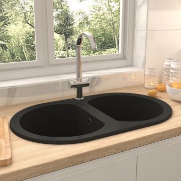 vidaXL Chiuvetă de bucătărie cu două cuve, negru, granit, oval