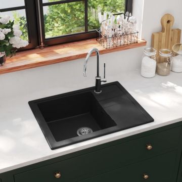 vidaXL Chiuvetă de bucătărie cu orificiu de preaplin, negru, oval, granit