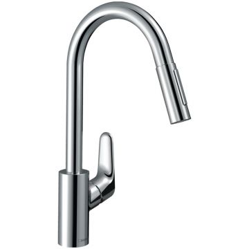 Baterie de bucatarie Hansgrohe Focus cu pipa extractabila Crom