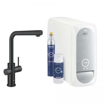 Baterie bucatarie Grohe Blue Home Duo cu dus extractibil pipa L sistem filtrare racire si carbonatare starter kit velvet black