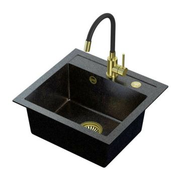 Set chiuveta bucatarie Quadron Steiner Johnny 110 si baterie Maggie 50x47 cm finisaj auriu - negru