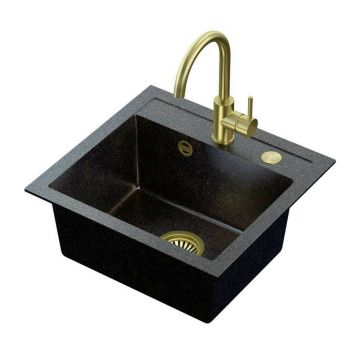 Set chiuveta bucatarie Quadron Steiner Johnny 110 si baterie Naomi 50x47 cm finisaj auriu - negru