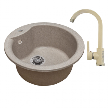 Chiuveta bucatarie Hausberg Pi, cu baterie, granit-compozit, rotund, bej, 480 mm
