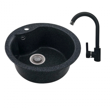 Chiuveta bucatarie Hausberg Pi, cu baterie, granit-compozit, rotund, negru, 480 mm