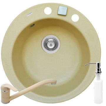Set 3 in 1 Chiuveta granit Cristal 1B Ø49 + Baterie + Dozator Crem Set 3 in 1 Chiuveta granit Cristal 1B Ø49 + Baterie + Dozator Crem