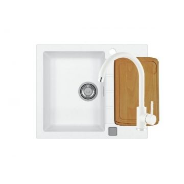 Set chiuveta bucatarie compozit Cadit 10 alba, baterie bucatarie Kati alba si tocator lemn