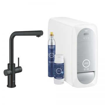 Baterie bucatarie Grohe Blue Home Duo cu dus extractibil  pipa L  sistem filtrare  racire si carbonatare  starter kit  velvet black