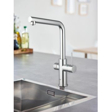 Baterie bucatarie Grohe Blue Home, monocomanda, sistem de filtrare apa, racire apa si apa carbogazoasa, 3 nivele mineralizare, cartus ceramic, pipa tip L, pivotanta 150, crom-31454001