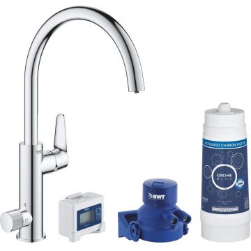 Baterie bucatarie Grohe Blue Pure BauCurve cu pipa C si sistem filtrare starter kit crom