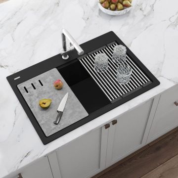 Chiuveta bucatarie granit CookingAid Cube ON3322 Workstation Neagra + accesorii montaj, 838x559x244 mm