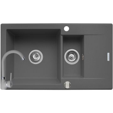 Pachet chiuveta granit KORFU 78x46 1 1/2B 1D + Baterie BELLO Gri
