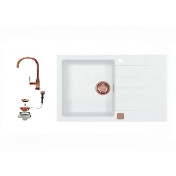 Set chiuveta bucatarie compozit Cadit 20 alba si baterie bucatarie Lola cupru