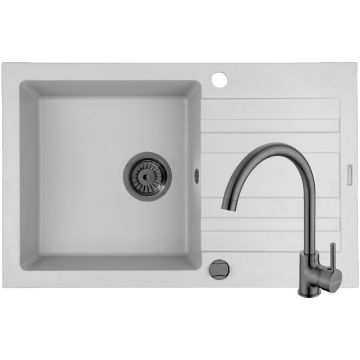 Set Chiuveta Granit + Baterie ECO BELLO Gun Metal NAXOS 79x50 1B 1D White