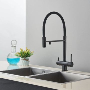 Baterie profesionala de bucatarie, cu dus flexibil, pipa pentru apa filtrata, negru mat, cod 1670