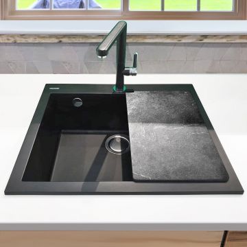 Chiuveta bucatarie granit CookingAid Cube ON5610 Neagra Nanostone Deep Black + accesorii montaj, 560x500x200mm