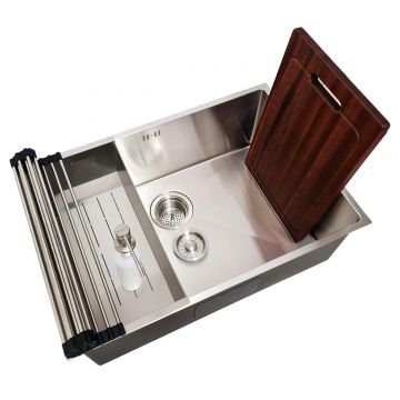 Chiuveta bucatarie inox CookingAid Hera Standard cu dozator detergent, scurgator tavita, gratar rulabil inox si tocator lemn+accesorii montaj, 630x430x230mm