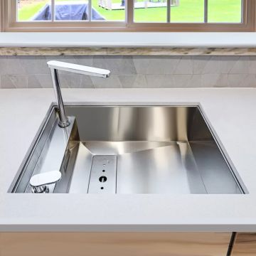 Chiuveta bucatarie inox CookingAid INVISIBLE 50R cu baterie telescopica integrata, capac scurgere invizibil + accesorii montaj, 627x447x200mm
