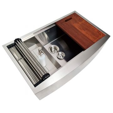 Chiuveta bucatarie inox cu front vizibil CookingAid FARMHOUSE Apron Large Workstation cu scurgator, gratar rulabil inox, dozator sapun, tocator si accesorii montaj, 838*530*254 mm