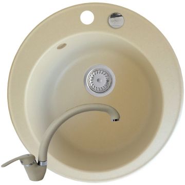 Set chiuveta granit ALYA 1B Ø49 si baterie OSSIA Bej