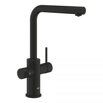 Baterie bucatarie cu 3 cai Grohe Blue Pure Minta  inalta  tip L  dus extractabil  negru mat