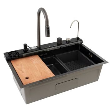 Chiuveta multifunctionala Mixxus, Cuva 220mm, Nano Black, Finisaj Decor, Otel inoxidabil