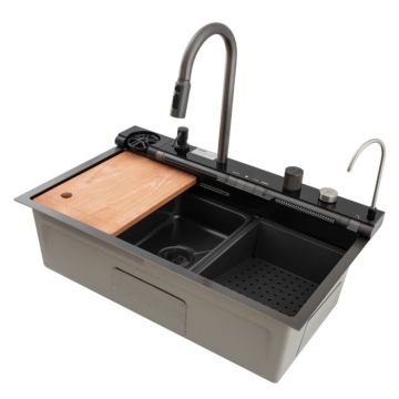 Chiuveta multifunctionala Mixxus, Cuva 220mm, Nano Black, Finisaj Decor, Otel inoxidabil