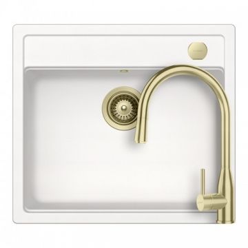 Set chiuveta bucatarie Schock Mono N-100 + baterie Schock Kavus cu cap extractibil+ cos scurgere ajustabil cadou - Culoare white gold