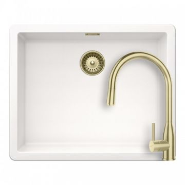 Set chiuveta Schock Greenwich N-100 L alb polar cu parti vizibile si baterie Schock Kavus cu cap extractibil - Culoare white gold