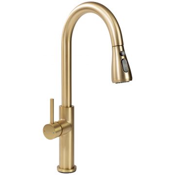 Baterie bucatarie Rea Nest cu dus extractibil 2 functii de curgere, auriu periat