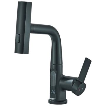 Baterie Chiuveta Baie Bucatarie BisDesign , Senzor Temperatura Apa Dinamic, Dus extractabil Tip Ploaie, 3 Functii de Curge, Finisaj Negru Mat,