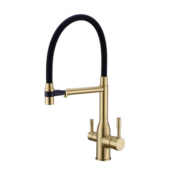 Baterie Chiuveta Bucatarie BisDesign , Functie Apa Filtrata, Dus Maleabil, 2 Functii de Curgere, Finisaj Auriu Mat, Dimensiune 48 cm