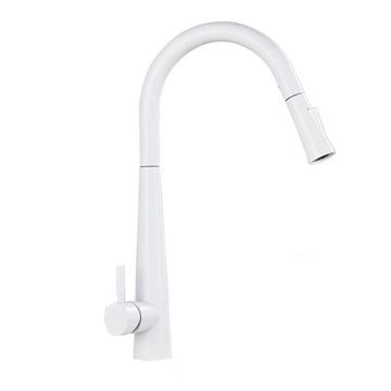 Baterie chiuveta bucatarie, Dus extractabil, 2 Functii de curge, Finisaj Alb Lucios, Dimensiune 47 cm