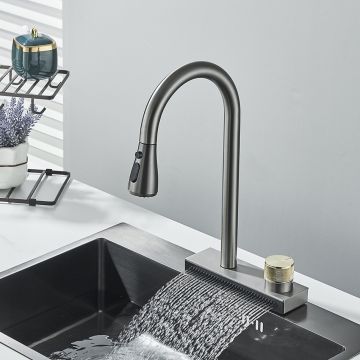 Baterie chiuveta bucatarie, Dus extractabil, 3 Functii de curge si mod Rainfall, Culoare Gri Metalizat, Dimensiune 41 cm