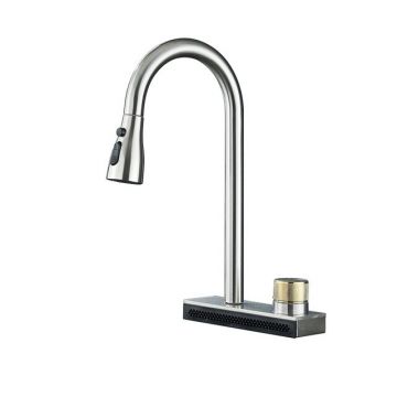 Baterie chiuveta bucatarie, Dus extractabil, 3 Functii de curge si mod Rainfall, Culoare Nichel, Dimensiune 41 cm