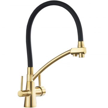 Baterie Chiuveta Bucatarie, Dus maleabil Negru Mat, 2 Functii de curge, Finisaj Auriu Mat, Dimensiune 43 cm