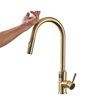 Baterie Chiuveta Bucatarie, Functie Touch pentru Inchidere si Pornire Apa, Senzor temperatura Apa, Dus extractabil, 2 Functii de curge, Finisaj Auriu