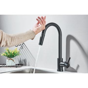 Baterie Chiuveta Bucatarie, Functie Touch Pornire Oprire, Dus extractabil, Negru Mat, 2 functii de curgere, Dimensiune 39 cm