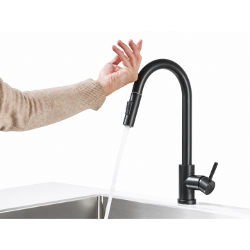 Baterie Chiuveta Bucatarie, Functie Touch Pornire Oprire, Dus extractabil, Negru Mat, 2 functii de curgere, Dimensiune 39 cm