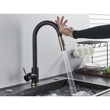 Baterie Chiuveta Bucatarie, Functie Touch Pornire Oprire, Dus extractabil, Negru mat Auriu, 2 functii de curgere, Dimensiune 39 cm