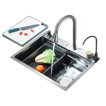 Chiuveta Multifunctionala BisDesign  pentru Bucatarie, Toate Accesoriile Incluse, Dus Extractabil, Tocator ABS, Material Antiaderent, Functie Cascada,