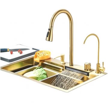 Chiuveta Multifunctionala BisDesign  pentru Bucatarie, Toate Accesoriile Incluse, Dus Extractabil, Tocator ABS Otel, Spalator Pahare, Dispenser, Apa