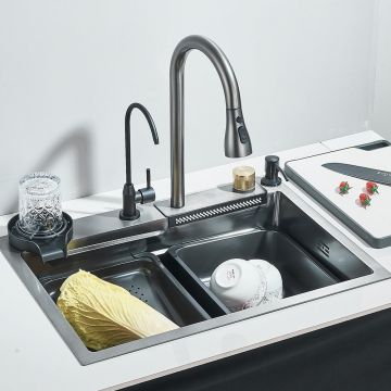 Chiuveta Multifunctionala BisDesign  pentru Bucatarie, Toate Accesoriile Incluse, Dus Extractabil, Tocator ABS, Spalator Pahare, Dispenser, Material