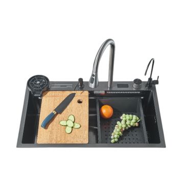 Chiuveta Multifunctionala Bucatarie, Accesoriile Incluse, Dus Extractabil, Suport Cutite, Tocator ABS Otel, Material Antiaderent, Afisaj LCD pentru