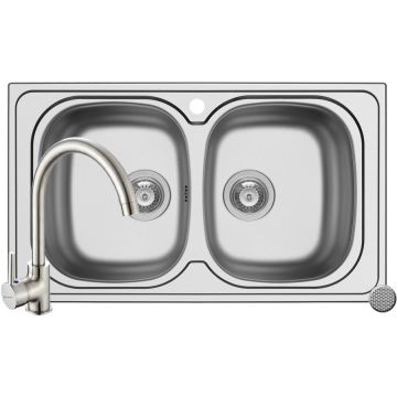 Set Chiuveta Aurora 2B 86 LN si Baterie Bello Crom Inox Set Chiuveta Aurora 2B 86 LN si Baterie Bello Crom Inox