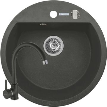 Set Chiuveta Granit Mido 51x51Cm si Baterie Eco Bello Negru Set Chiuveta Granit Mido 51x51Cm si Baterie Eco Bello Negru