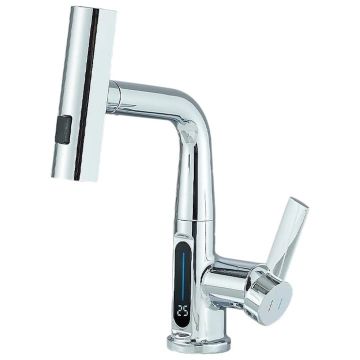 Baterie Chiuveta Baie Bucatarie BisDesign , Senzor Temperatura Apa Dinamic, Dus extractabil Tip Ploaie, 3 Functii de Curge, Finisaj Crom Lucios,