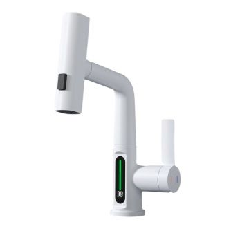 Baterie Chiuveta Baie Bucatarie, Senzor Temperatura Apa Dinamic, Dus extractabil Tip Ploaie, 3 Functii de Curge, Finisaj Alb Mat, Dimensiune 30 cm