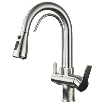 Baterie Chiuveta Bucatarie BisDesign , Functie Apa Filtrata, Dus Extractabil, 3 Functii de Curgere, Finisaj Crom Nickelat, Dimensiune 41 cm